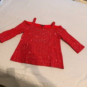 INC International Concepts Red Sequin Cold Shoulder Top Size L Party Holiday